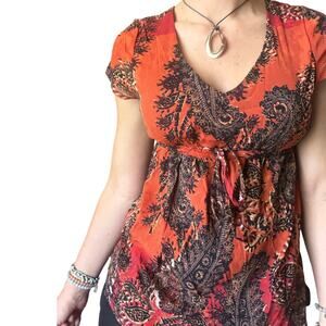 Y2K Whimsygoth Paisley Empire Waist Top – Fairy Grunge Tie Front Blouse